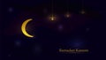 Muslim feast of the holy month of Ramadan Kareem. Moon and lanterns on a dark background. Vector illustration