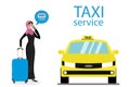 Muslim Female calls by the phone a taxi, yellow taxi car