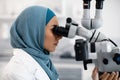 Muslim Female Dentist Doctor Using Dental Microscope At Workplace In Modern Clinic Royalty Free Stock Photo