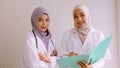 Muslim female doctor and medical assistants standing together at hospital room