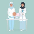 Muslim female Doctor, nurse and weight scale for infant icon