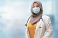 Muslim female doctor wearing hijab and suit, standing with protective face mask , ready to fight coronavirus global pandemic Royalty Free Stock Photo