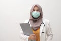 Muslim female doctor wearing hijab and suit, standing with protective face mask , ready to fight coronavirus global pandemic Royalty Free Stock Photo