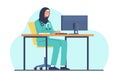 Muslim female doctor works on computer. Arab women in hijab, medical specialist working. Online health consultation