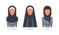 Muslim Female Headgears Set, Al-amira, Khimar, Esarp Headdress Flat Vector Illustration Royalty Free Stock Photo