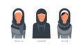 Muslim Female Headgears Set, Shayla, Chador, Hijab Headdress Flat Vector Illustration