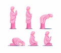 Muslim female praying position step guide instructions symbol, islam religious activity icon set in flat illustration isolated in