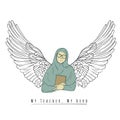 Muslim female teacher carrying a book with wing in hand drawn design for teacher's day campaign Royalty Free Stock Photo