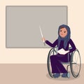 Muslim female teacher sits on the wheelchair and points to the blackboard with a pointer Royalty Free Stock Photo