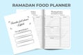 Muslim festival Ramadan food planner interior log book. Daily iftar, suhoor, and snacks tracker diary interior. Ramadan daily meal