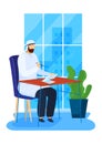 Muslim fills documents, man character business, arabic work, professional interior design, flat style vector