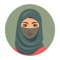 Muslim girl avatar. Arab beautiful woman in green hijab. Vector