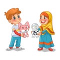 Muslim Girl and Boy Exchanging Gifts and Making Friends Royalty Free Stock Photo