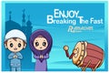 Muslim girl and boy with happy fasting in Ramadan Kareem board cartoon illustration