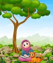 Muslim girl cartoon holding a book and cat in the jungle