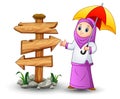 Muslim girl cartoon holding umbrella with blank wood arrow sign