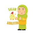 muslim girl celebrating aidilfitri. Vector illustration decorative design