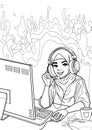 Muslim girl gamer or streamer in a hijab and a headset sits at a computer Royalty Free Stock Photo