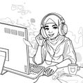 Muslim girl gamer or streamer in a hijab and a headset sits at a computer Royalty Free Stock Photo