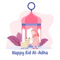 Islam, eid adha, eid, mubarak, islamic, moslem, muslim, religion, holiday, celebration, festival, hijab, girl, goat, lantern, flat