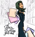 Muslim Girl in hijab make shopping in Paris. Illustration