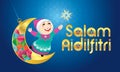 A Muslim girl playing fireworks on a swinging moon, with Malay pattern background.