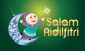 A Muslim girl playing fireworks on a swinging moon, with Malay pattern background.