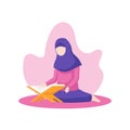 Muslim girl reading al quran the holy book of islam vector flat illustration at peace nature background with floral leaf ornament Royalty Free Stock Photo