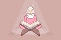 Muslim girl reads holy book quran turning to god allah sits in mosque or religious place for prayer Royalty Free Stock Photo