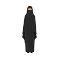 Muslim girl in a traditional ethnic black niqab. Vector illustration in flat cartoon style.