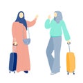 Muslim girl with a suitcase. Tourists, characters with things gesturing hello or bye