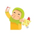 muslim girl taking a selfie. Vector illustration decorative design