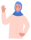 Muslim girl waving hand. Goodbye gesture