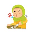 muslim girl whistling and slicing lemang. Vector illustration decorative design