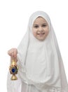 Muslim Girl in White Hejab with Ramadan Lantern Royalty Free Stock Photo