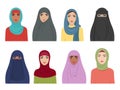 Muslim girls avatars. Islamic fashion for women iranian turkish and arabic headscarf hidjab in various types. Vector