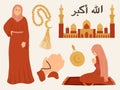 Muslim girls. Muslim prayer, mosque, Ramadan. Diversity equality inclusion. Islamic Calligraphy. Royalty Free Stock Photo