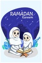 Muslim girls reading Koran at Ramadan Kareem cartoon illustration