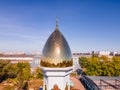 A Muslim golden dome with a crescent moon on the mosque. Minaret against the sky. Arab day. Islamic symbols of religion. Faith in