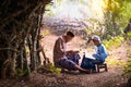 Muslim grandfather is teaching nephew to read a book. Muslims reading from the quran