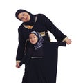 Muslim grandmother, girl and family portrait of a islamic and muslim woman with a happy child. Isolated, white