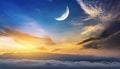 Muslim half moon and soft sunset at Arab night over the city. Light in dark sky. soft cloud. Ramadan background. Dramatic nature Royalty Free Stock Photo