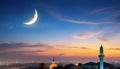 Muslim half moon and soft sunset at Arab night over the city. Light in dark sky. soft cloud. Ramadan background. Dramatic nature