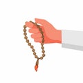 Muslim hand holding prayer beads, dhikr, islam religion pray in cartoon flat illustration editable vector