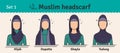 Muslim headwear guide. The set of different types of women headscarves. Vector icon colorful illustration. Set 1.