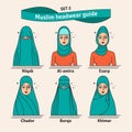 Muslim headwear guide. The set of different types of women headscarves. Vector icon colorful illustration. Set 2. Royalty Free Stock Photo