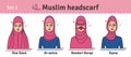 Muslim headwear guide. The set of different types of women headscarves. Vector icon colorful illustration. Set 2.