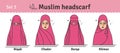 Muslim headwear guide. The set of different types of women headscarves. Vector icon colorful illustration. Set 3. Royalty Free Stock Photo