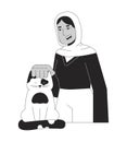 Muslim hijab woman petting cat head black and white 2D line cartoon character