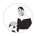 Muslim hijab woman petting cat head black and white 2D vector avatar illustration